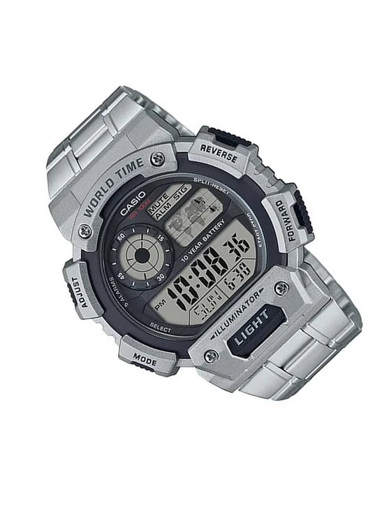 Casio Original Digital Watch for Men with Stainless Steel Band, Water Resistant, AE-1400WHD-1AVDF, Silver/Grey-Black