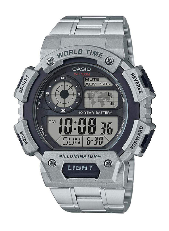 Casio Original Digital Watch for Men with Stainless Steel Band, Water Resistant, AE-1400WHD-1AVDF, Silver/Grey-Black